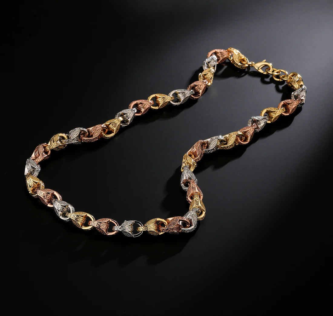 Tri Colour 3D Tulip Chain 26 Inch Gold Silver Filled