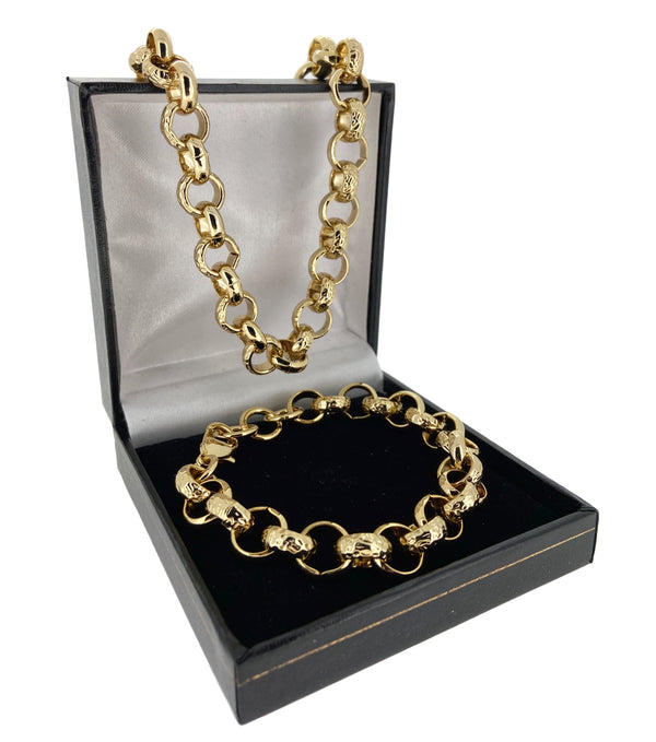 12MM Patterned Belcher Chain and Bracelet Set (Gold Filled)