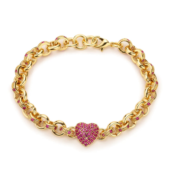 Red Diamond Heart Charm Belcher Bracelet (Gold Filled)