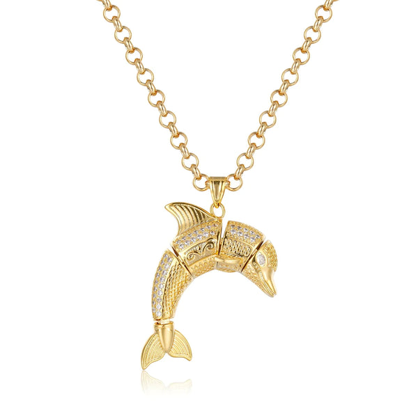 Dolphin Diamond Pendant / Belcher Chain (Gold Filled)