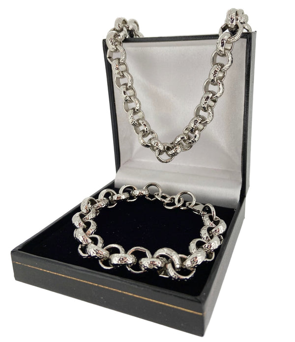 12MM Patterned Belcher Chain and Bracelet Set (White Gold Filled)